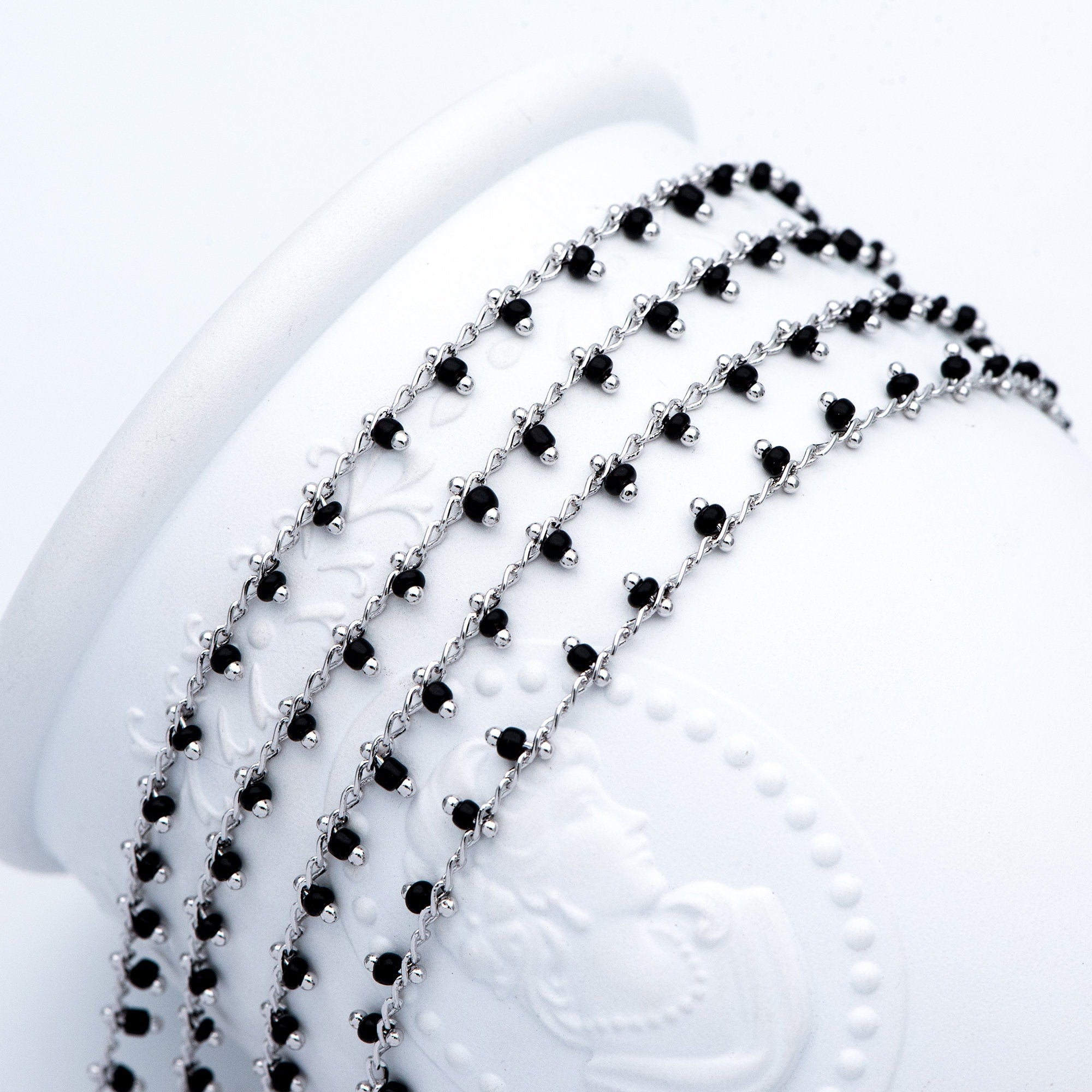 Rhodium plated Brass Beaded Chains, Silver tone Chain with Black Glass Seed Beads, Necklace Chain Components (#LK-271-2)/ 1 Meter=3.3 ft